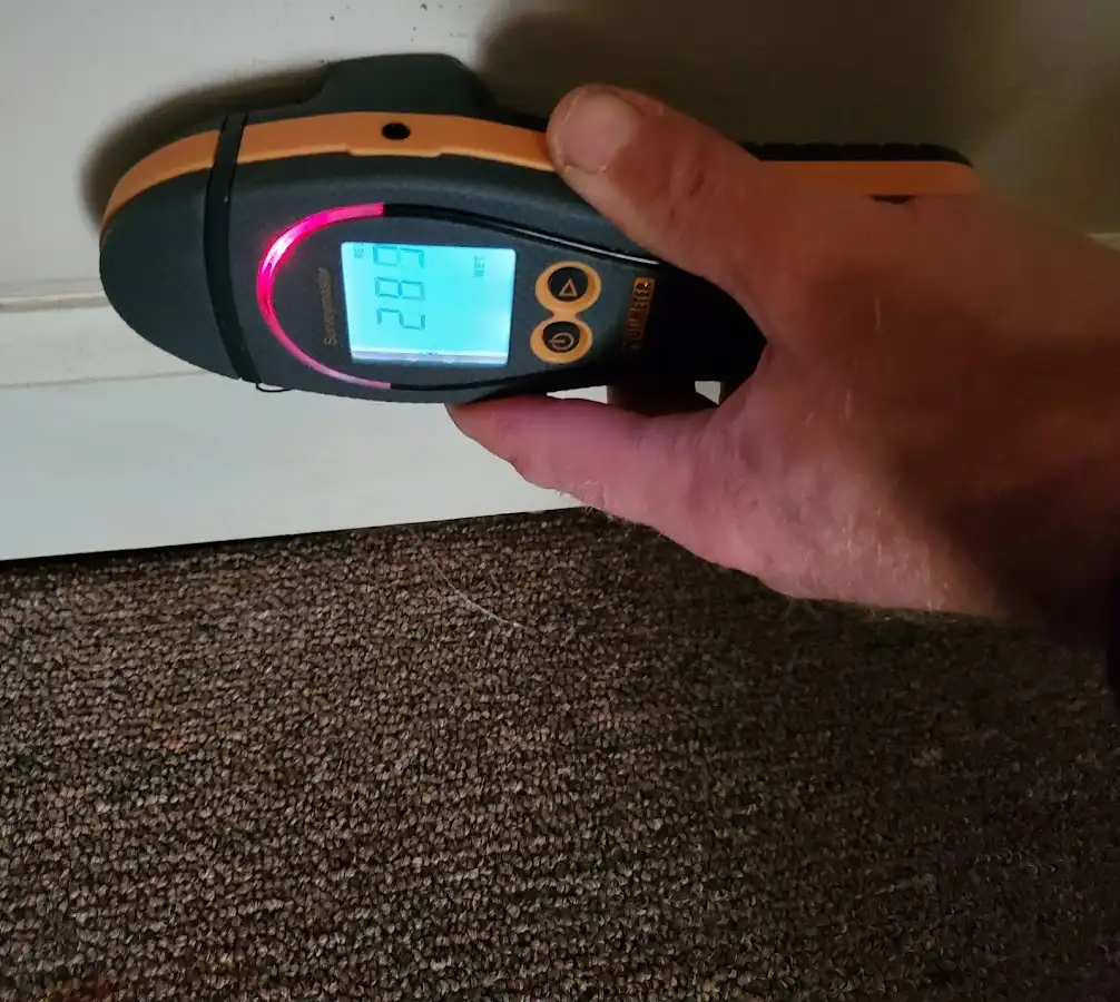 Moisture detection at baseboard during Storm Damage Restoration in Willow Park